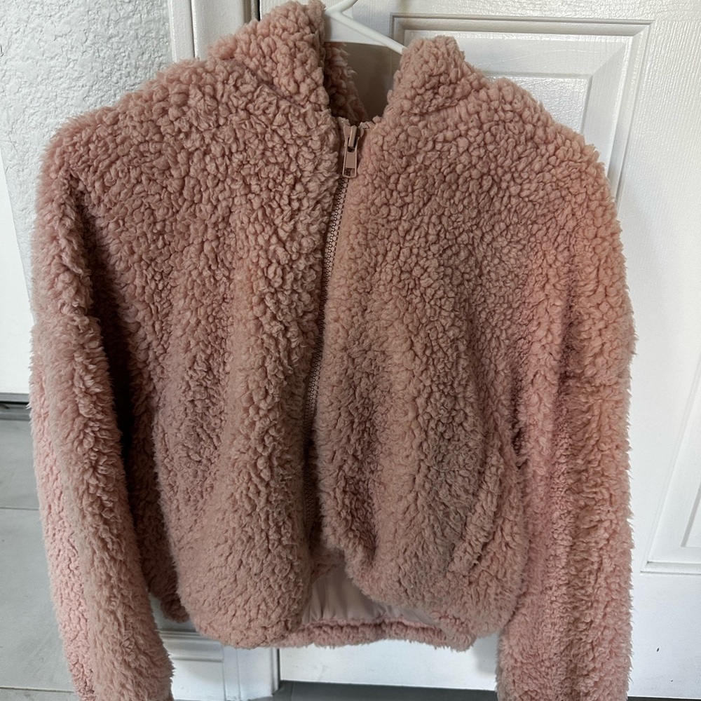 Pink hooded Sherpa jacket